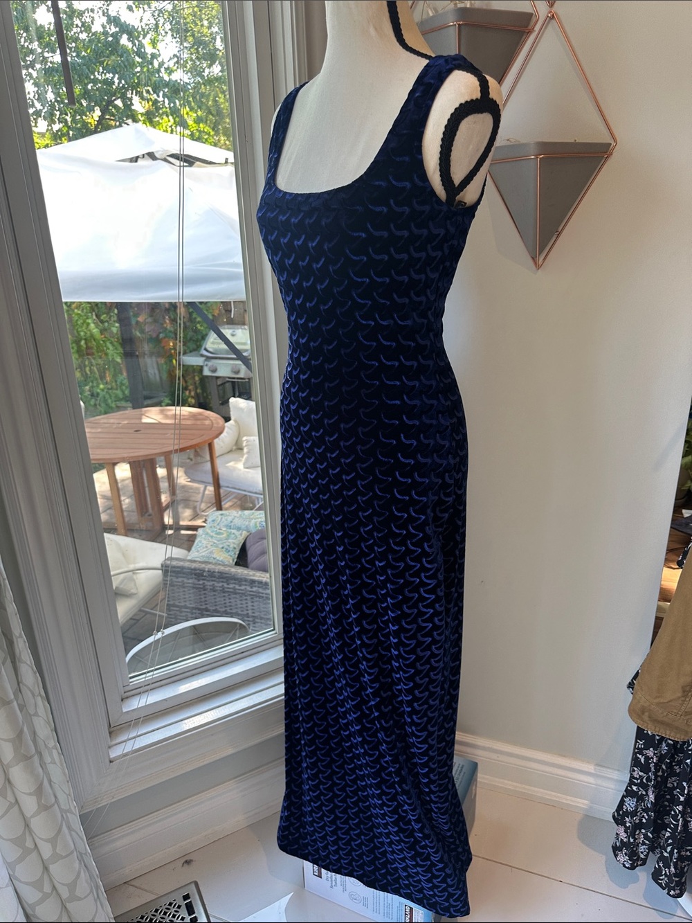 VINTAGE Y2K 90s Navy Blue Velvet Formal Wedding Maxi Sheath Column Dress Size 6